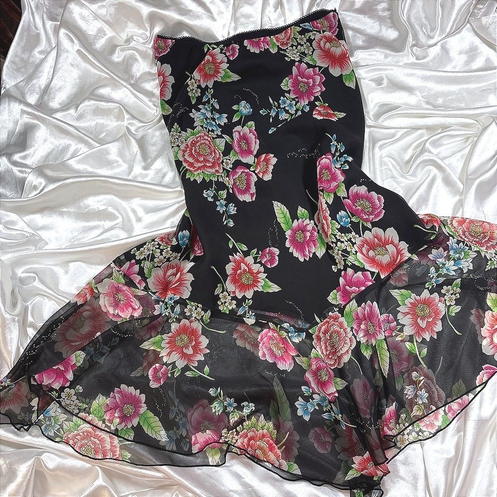 Vintage Giorgio Fiorlini Floral Skirt Black Excellent Asymmetrical Ruffle Hem L